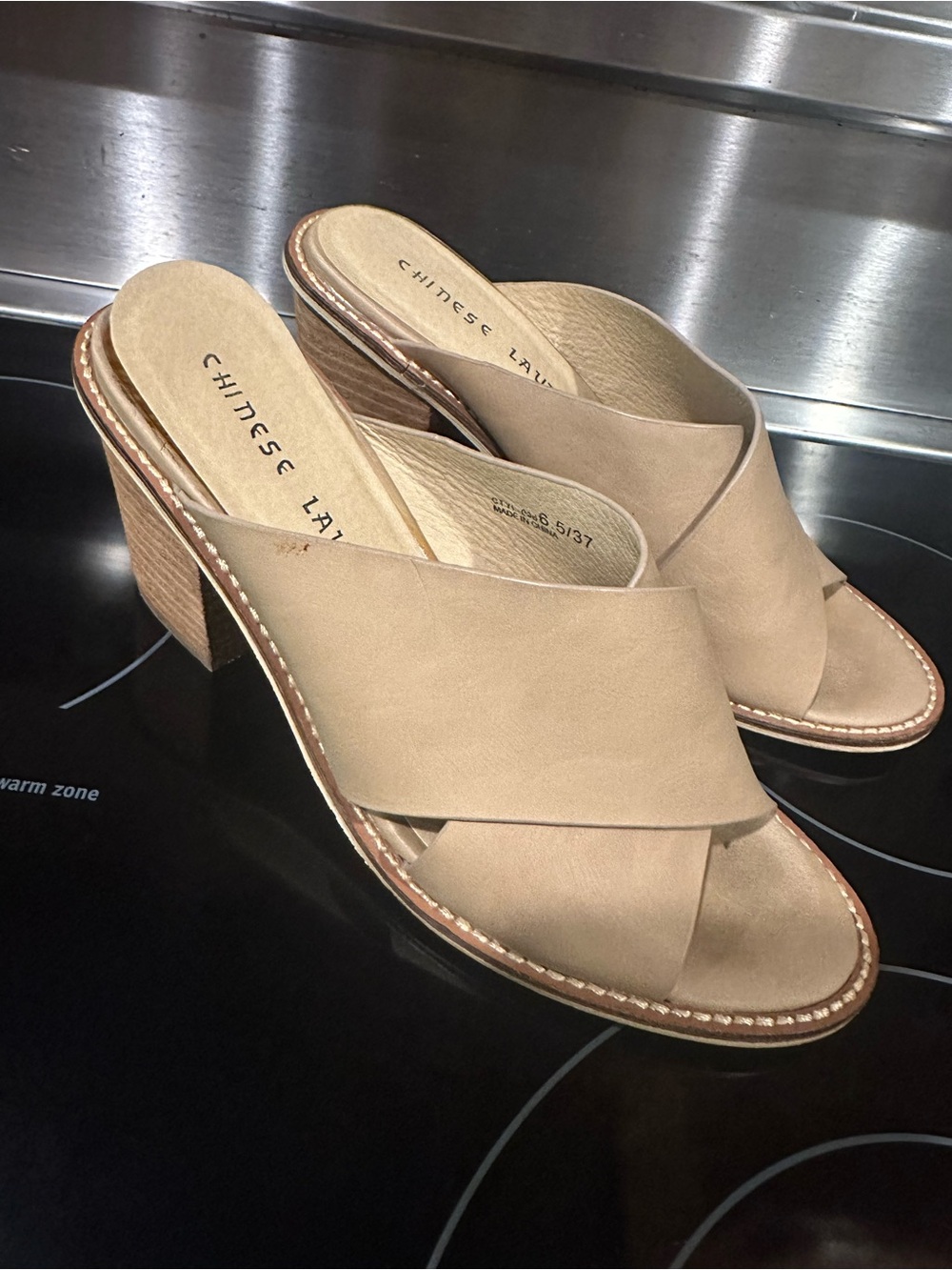 Chinese Laundry Taupe Crisscross Block Heel Sandals Slip On Shoes Sz 6.5 / 37